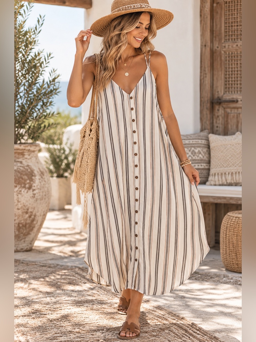 G x F Striped Button Front Boho Dress Medium Cross Back Coastal Resort